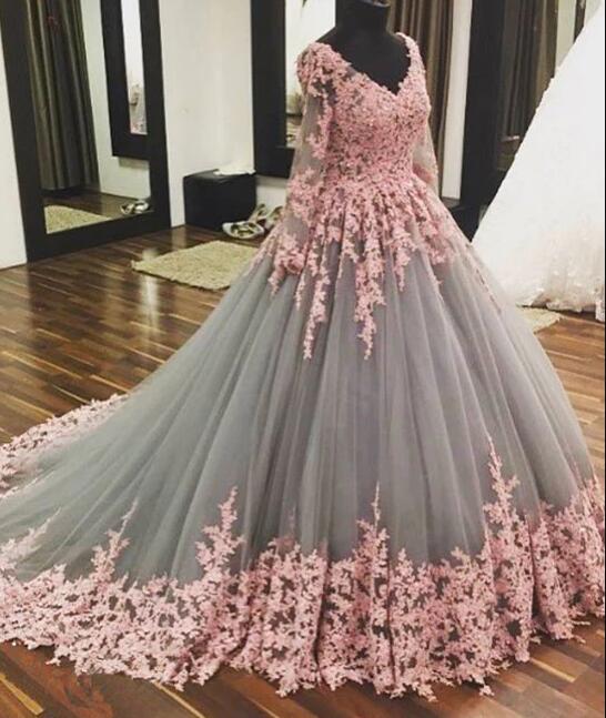 Unique V Neck Pink Lace Tulle Long Prom Dress, Pink Lace Tulle Wedding Dress