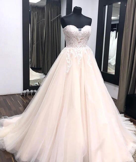 Unique Sweetheart Neck Tulle Lace Applique Long Wedding Dress, Lace Bridal Dress