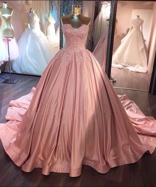 Unique Pink Sweetheart Lace Long Prom Gown, Sweet 16 Dress