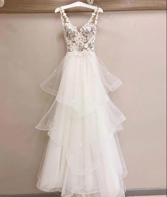 White V Neck Tulle Lace Long Prom Dress, White V Neck Evening Dress