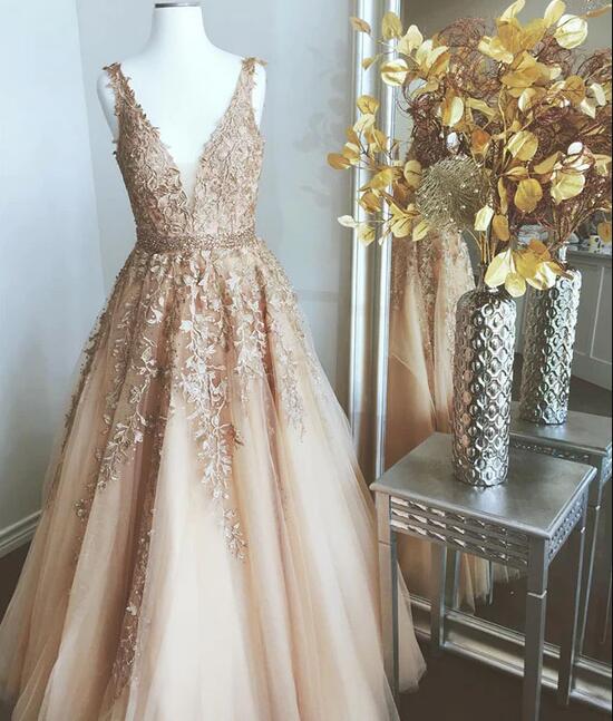 Champagne V Neck Tulle Lace Long Prom Dress, Champagne Evening Dress