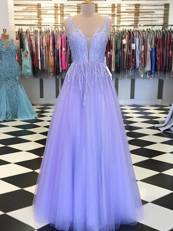 A-line/princess Tulle Ruffles V-neck Sleeveless Floor-length Dresses