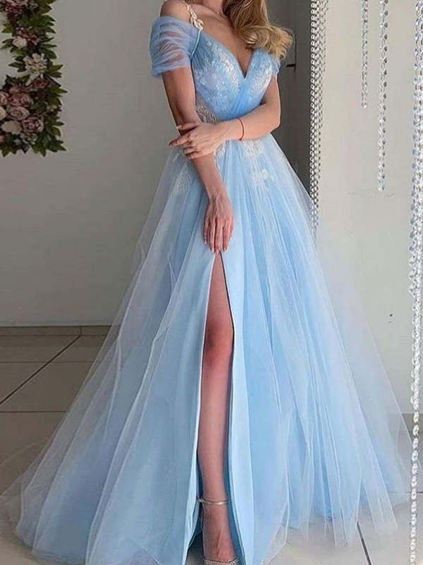 A-line/princess Tulle Lace V-neck Short Sleeves Sweep/brush Train Dresses