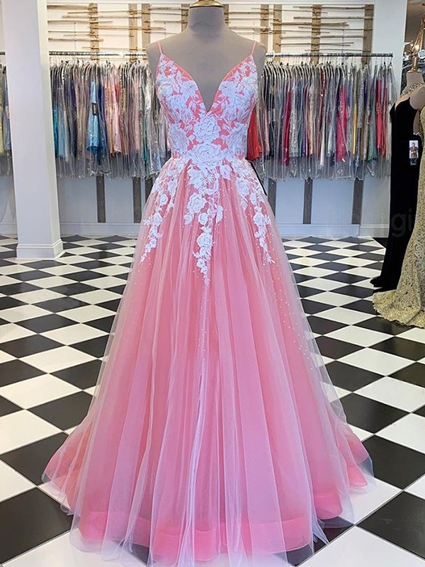 A-line/princess Tulle Applique V-neck Sleeveless Floor-length Dresses