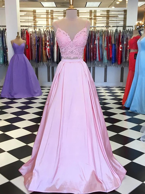 A-line/princess Satin Lace V-neck Sleeveless Floor-length Dresses