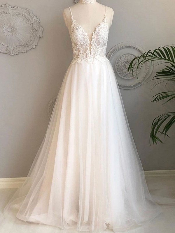 A-line/princess Tulle Applique V-neck Sleeveless Sweep/brush Train Wedding Dresses