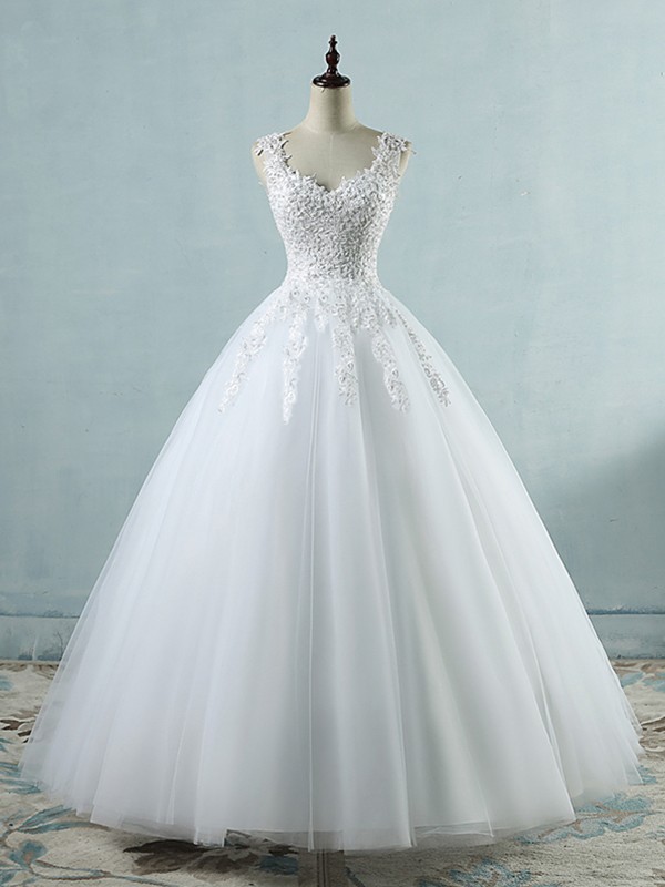 Ball Gown V-neck Sleeveless Sweetheart Floor-length Applique Tulle Wedding Dresses