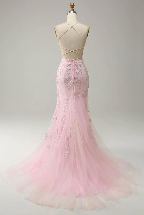 Luxury Pink Spaghetti Straps Chiffon Beaded Mermaid Evening Dress Prom Gown cc3028 main image 0