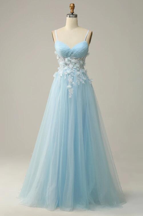 A Line Spaghetti Straps Sky Blue Prom Dress With Appliques