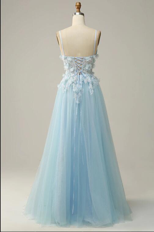 Modest A line Spaghetti Straps Light Sky Blue Lace Ankle Length Prom Dress Formal Dresses