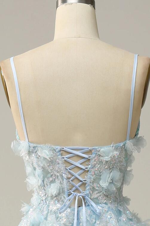 A Line Spaghetti Straps Sky Blue Ball Dress with Appliques main image 1