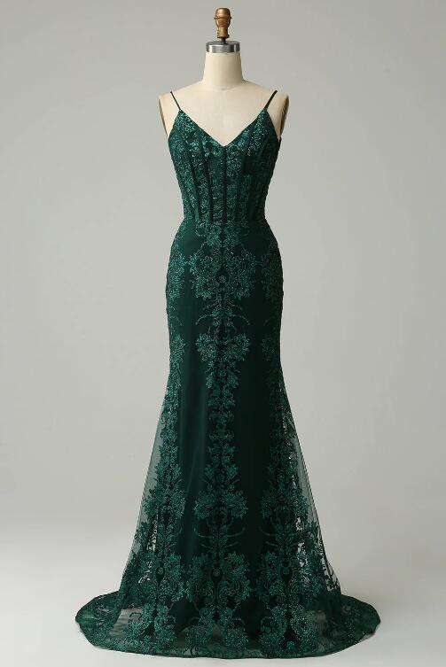 Long Prom Dresses Trends 2025 Mermaid Spaghetti Straps Peacock Green Prom Dress With Appliques