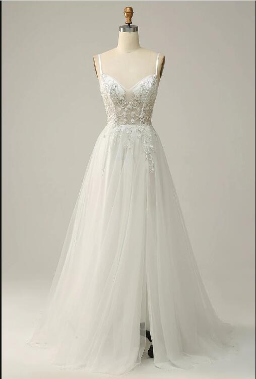 A Line Spaghetti Straps White Long Bridal Dress With Appliques