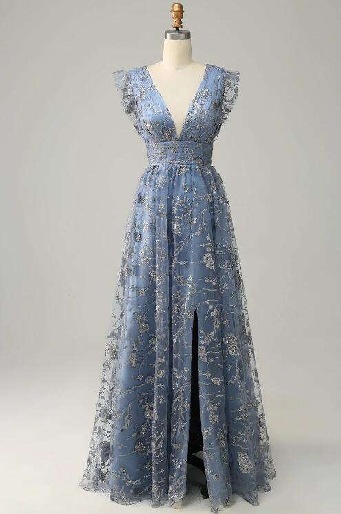 A Line Deep V Neck Grey Blue Plus Size Prom Dress With Embroidery 2025 on  Luulla