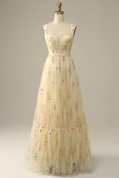 Champagne A-line Embroidery Long Prom Dresses Trends 2025 on Luulla