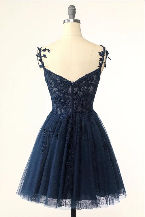 Navy Spaghetti Straps Short Graduation Dress With Appliques on Luulla