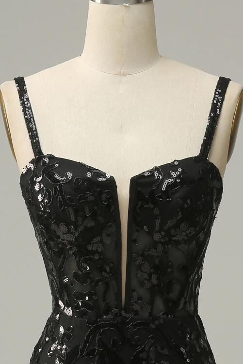 Sexy Mermaid Black Spaghetti Straps Satin Tulle Without Sleeves Long Prom Dress,Evening Dress GG5472