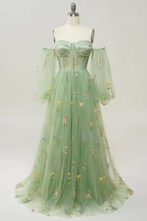 Green Off The Shoulder Long Sleeves A-line Prom Dress