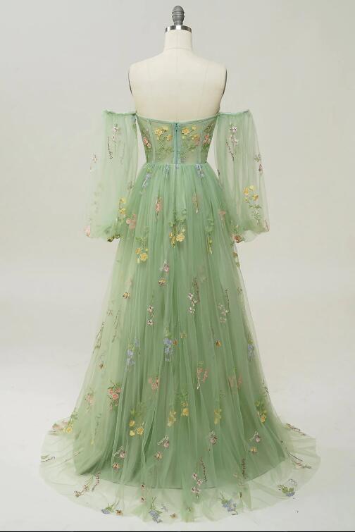 Elegant Off-the-Shoulder Green A-line Sequined Prom Dress main image 1
