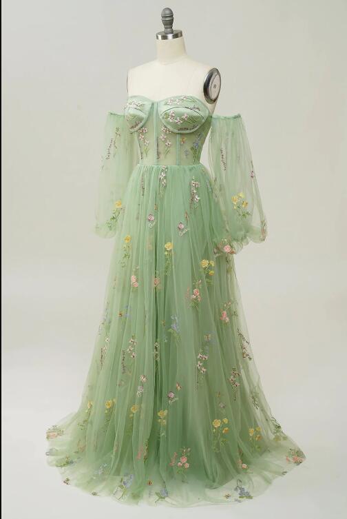 Gorgeous Green Off-the-Shoulder Long Prom Dress with Flower Embroidery
