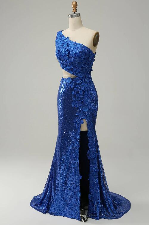 Mermaid One Shoulder Royal Blue Sequins Cut Out Prom Dress With Split Front