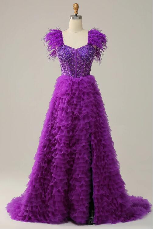 A Line Sweetheart Purple Long Prom Dress With Beading Feathers