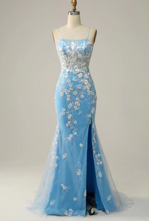 Mermaid Spaghetti Straps Blue Long Prom Dress With Appliques