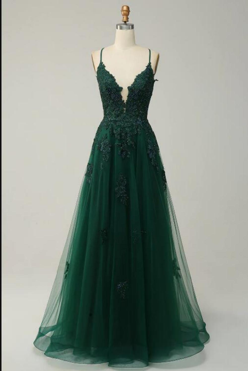 A Line Spaghetti Straps Dark Green Long Prom Dress With Criss Cross Back