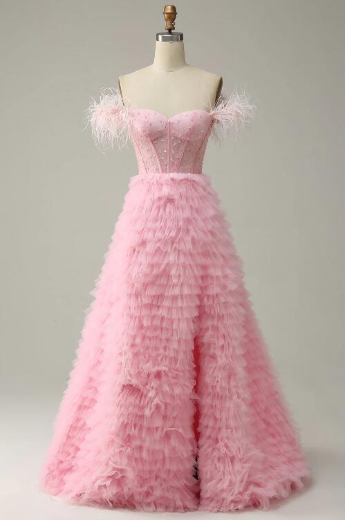 A Line Off The Shoulder Pink Corset Prom Dress With Ruffled Feathers