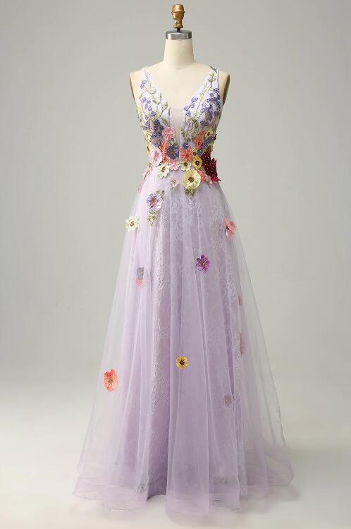 A Line Deep V Neck Lavender Long Prom Dress With Appliques