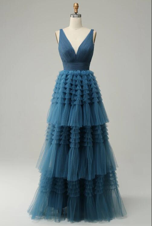 A Line V-neck Blue Long Prom Dress With Open Back