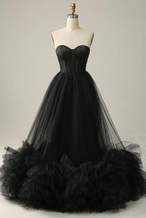 A Line Sweetheart Black Corset Prom Dress With Ruffled