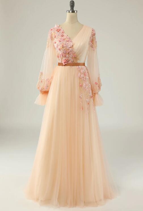 Elegant A Line V Neck Apricot Long Prom Dress With Appliques