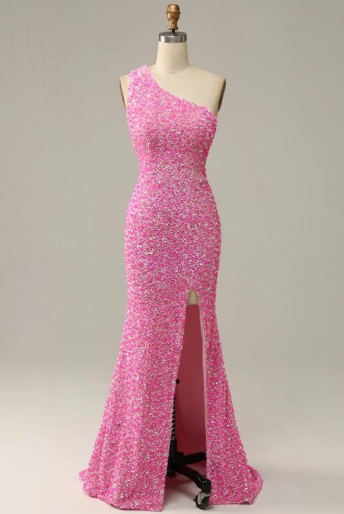 Pink Sequined One Shoulder Mermaid Prom Dress With Slit