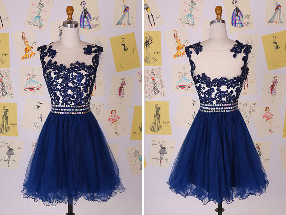Pga14 Navy Blue Beading Lace Short Prom Dress/lace Knee Length Homecoming Dress/gorgeous Party Dress/organza Prom Dress