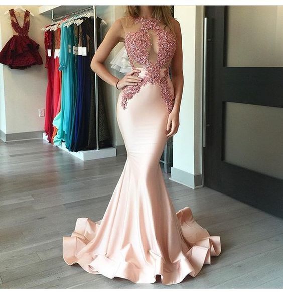 Unique Light Pink  Satin Lace Mermaid  Long Prom  Dress  For 