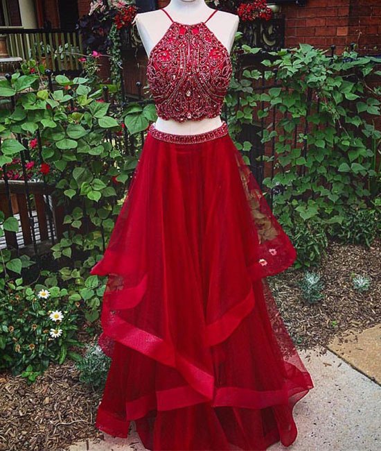 Custom Made Red Two Pieces Sequin Long Prom Dress, Evening Dress