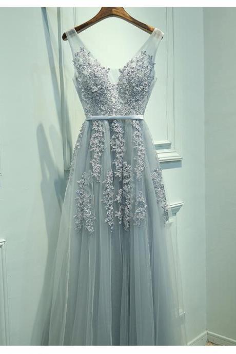 Gray A-line Tulle Long Prom Dress, Sexy V Neck Prom Dress, Elegant Evening Formal Dress, Lace Tulle Evening Dress, Woman Dresses