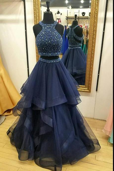 Charming Navy Blue Prom Dress,two Piece Prom Dresses,ball Gown Prom Dress,long Party Dresses, 2 Piece Prom Dress, Beading Prom Dress