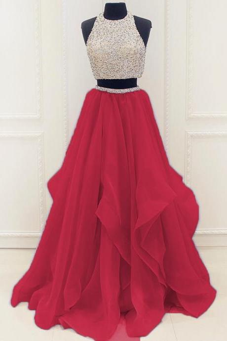 30d Chiffon Fashion Two Pieces Beaded Deep Red Organza Prom Dresses,straps Prom Dresses,sparkle Party Dresses,beaded Formal Dresses,sexy Red Prom