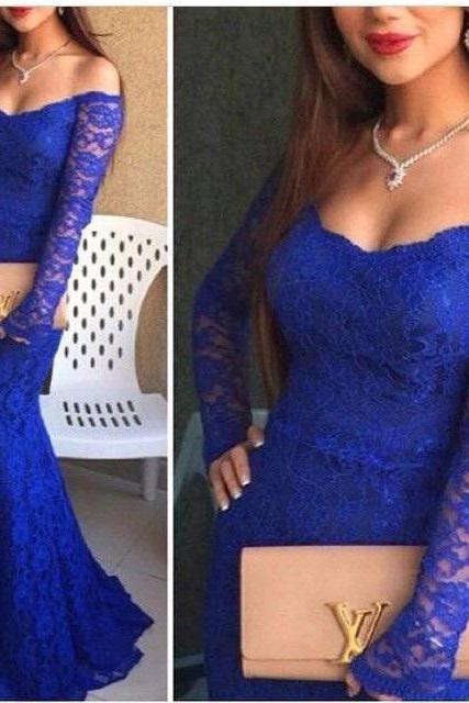 Sexy Royal Blue Prom Dresses, Lace Evening Dress, Evening Dress,mermaid Prom Dresses,long Sleeve Evening Dress,backless Chiffon Prom Dresses,