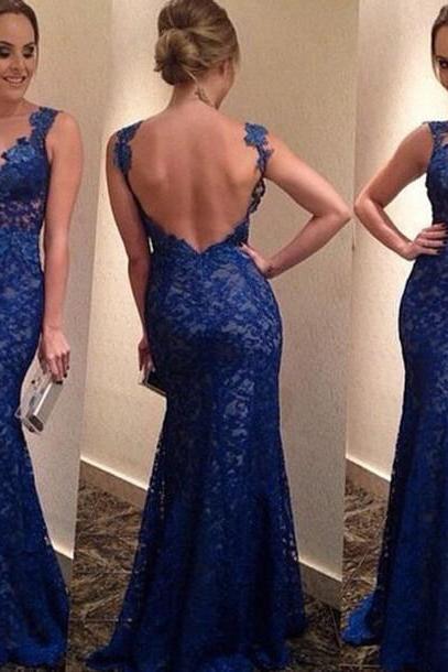Elegant Royal Blue Lace Prom Dress,backless Prom Dresses,evening Dress,lace Prom Dress,vestido De Fiesta Prom Dresses,formal Gowns, Evening