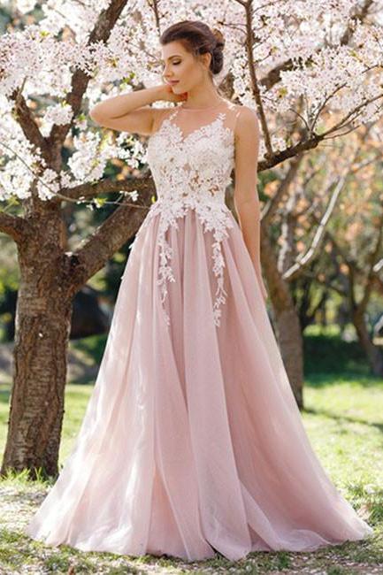 Pink Evening Dress Pink Tulle Long Prom Dress With , Modest Prom Dress, Elegant Prom Evening Dress, Prom Dresses 2017