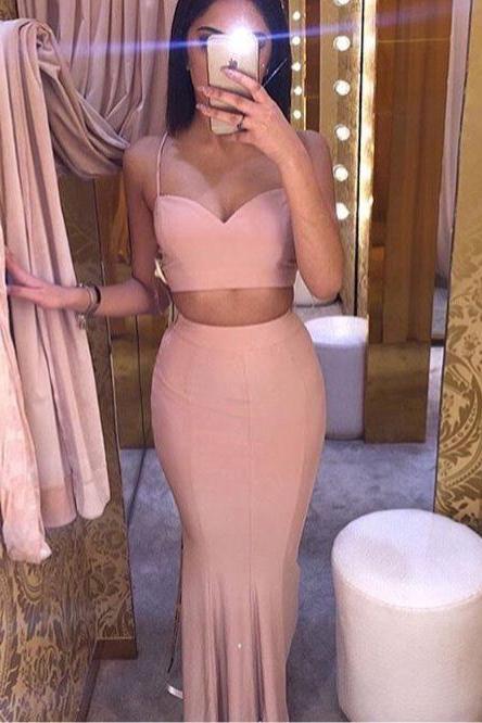 Sexy Evening Dress,two Pieces Pink Evening Dress,spaghetti Strap Pink Formal Dresses,sheath Sweetheart Prom Dresses, Long Formal Gowns