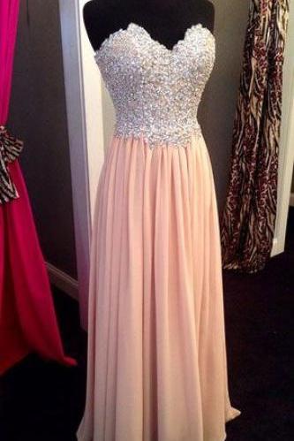 Pink Chiffon Prom Dress,Long Prom Dress,Cheap Prom Dress,A Line Sweetheart Prom Dresses,Blush Beadings Evening Prom Gowns,Custom Made Graduation Dress
