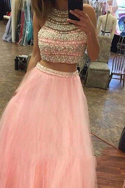 2017 Pink Sexy Evening Dress,two Pieces Evening Dress,tulle Long Prom Dresses, Formal Gowns,beading Prom Dresses,