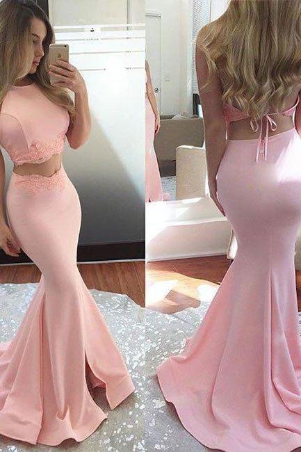 Pink Two-piece Prom Dress,2017 Pink Sexy Evening Dress, Long Mermaid Sleeveless ,chic Evening Gowns, Formal Gowns,beading Prom Dresses,