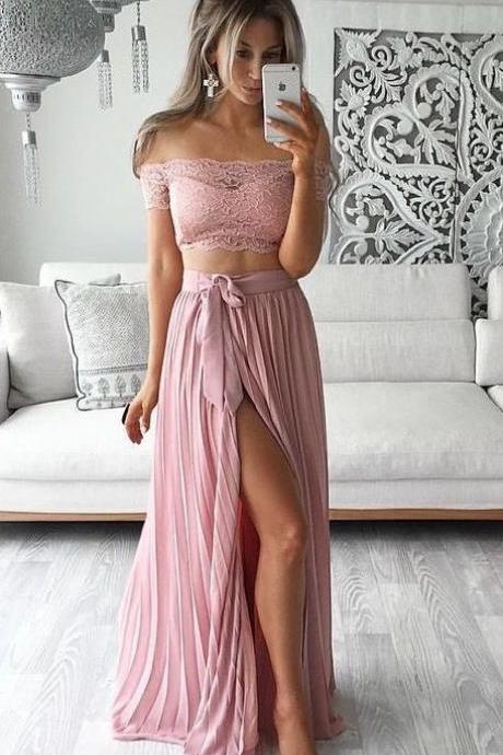 Lace Pink Slit Prom Dress,off Shoulder Dresses,evening Dress,chiffon Prom Dresses,prom Gowns,ruffles Long Prom Dress, Sexy Prom Dress,