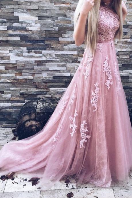 Unique Prom Dress,Pink Prom Dresses,Tulle Evening Dress,Open Sexy evening dress,Back Prom Dress with Appliques,2017 Evening Gowns