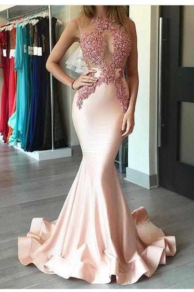 Custom Made Light Pink Satin Lace Mermaid Long Prom Dress, Evening Dress,Mermaid Prom Dresses,V-Neck Prom Dress,Cheap evening dress,